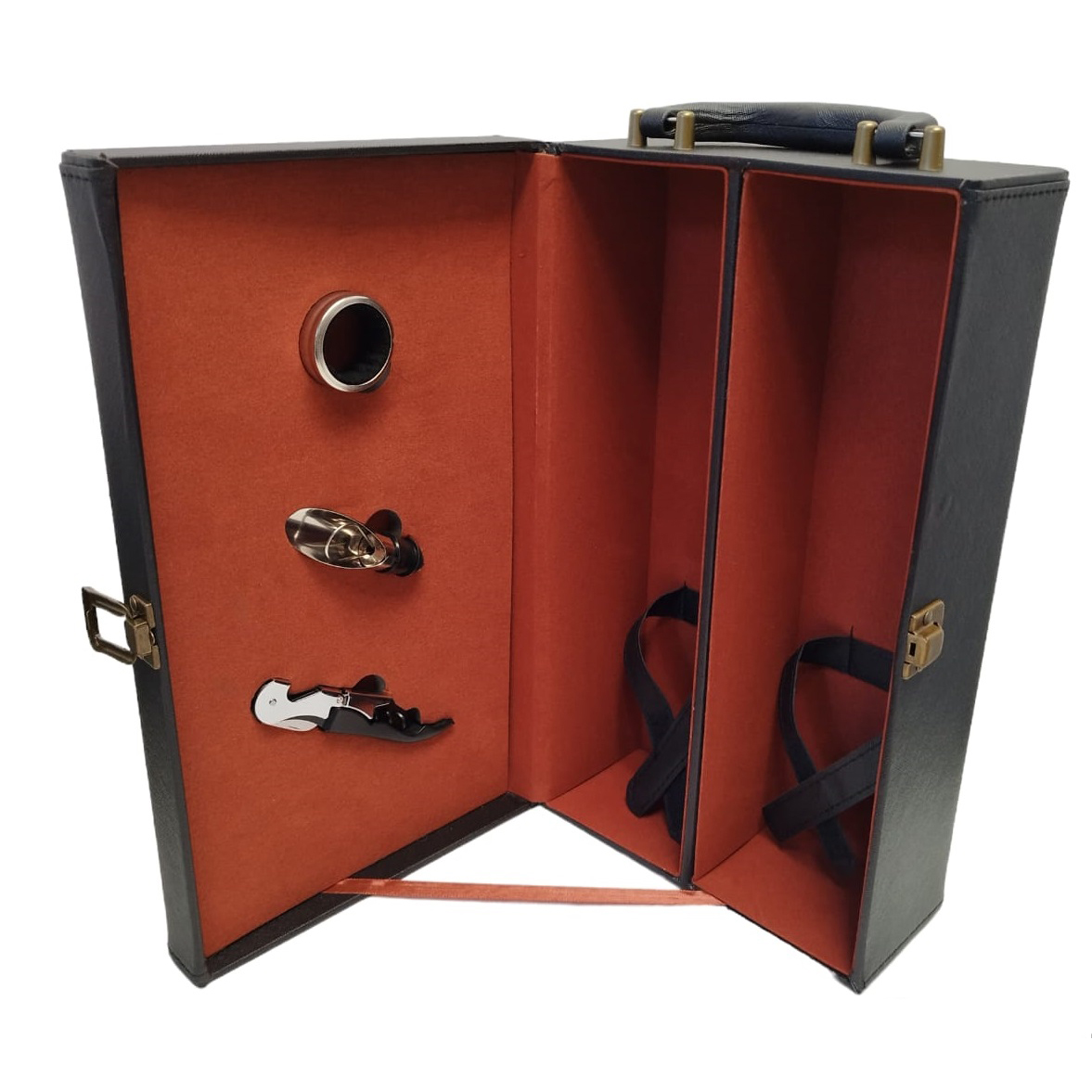 Caja De Vino Simil Cuero, Para Dos Botellas Con Tres Herramientas