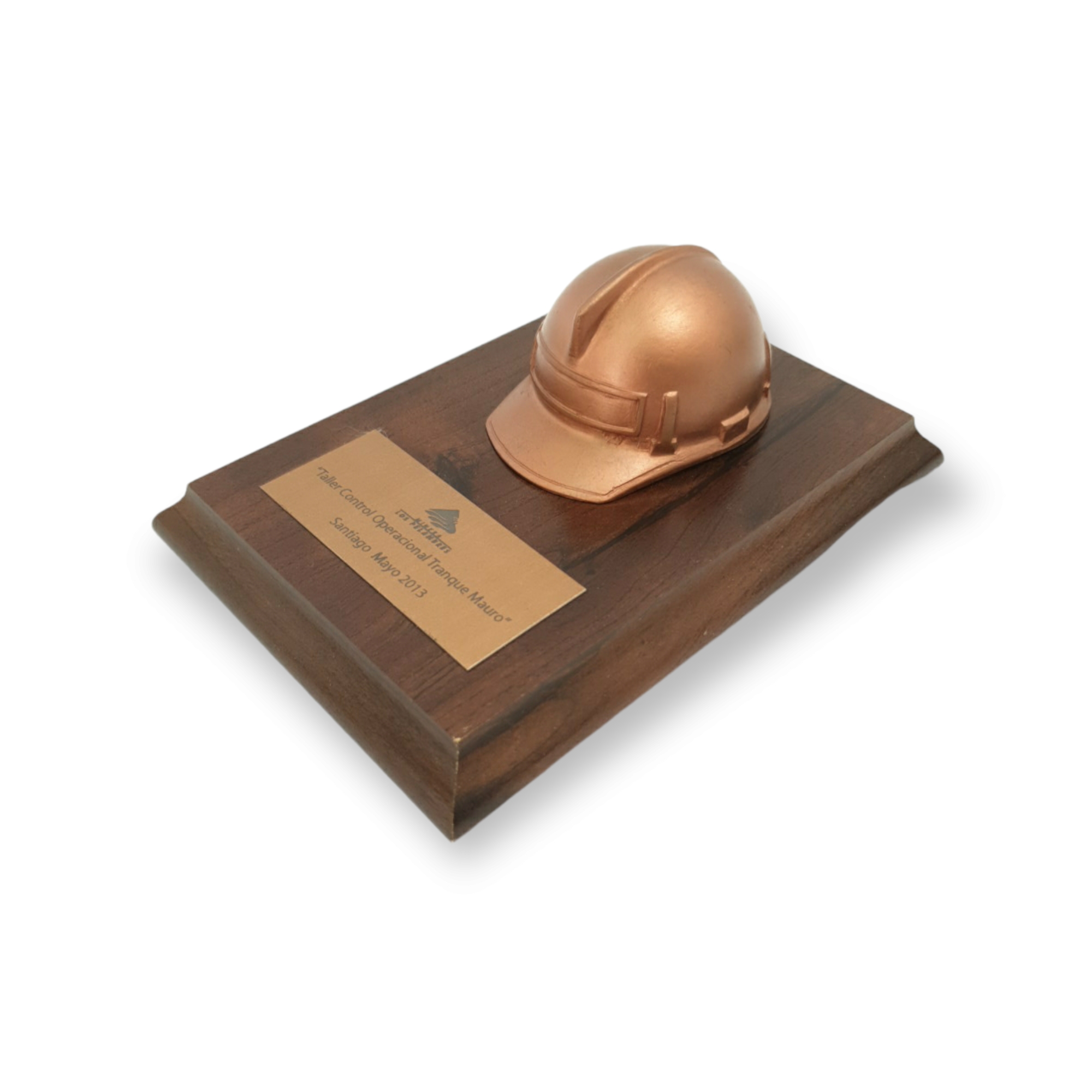 Casco De Resina Color Cobre, Base De Madera, Placa Grabada