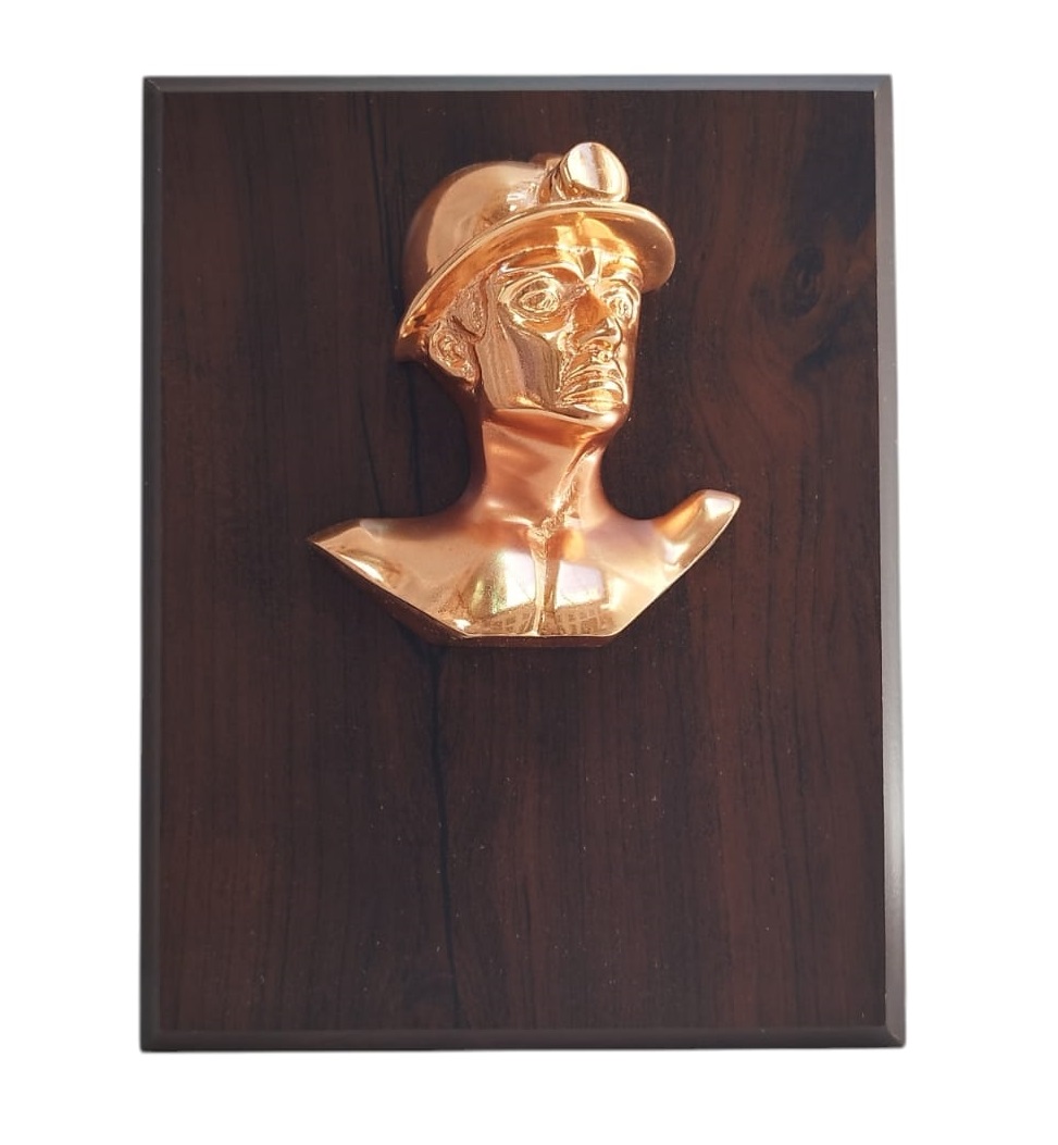 Galvano Busto Minero Metálico  Cobrizado, Con Placa Grabada
