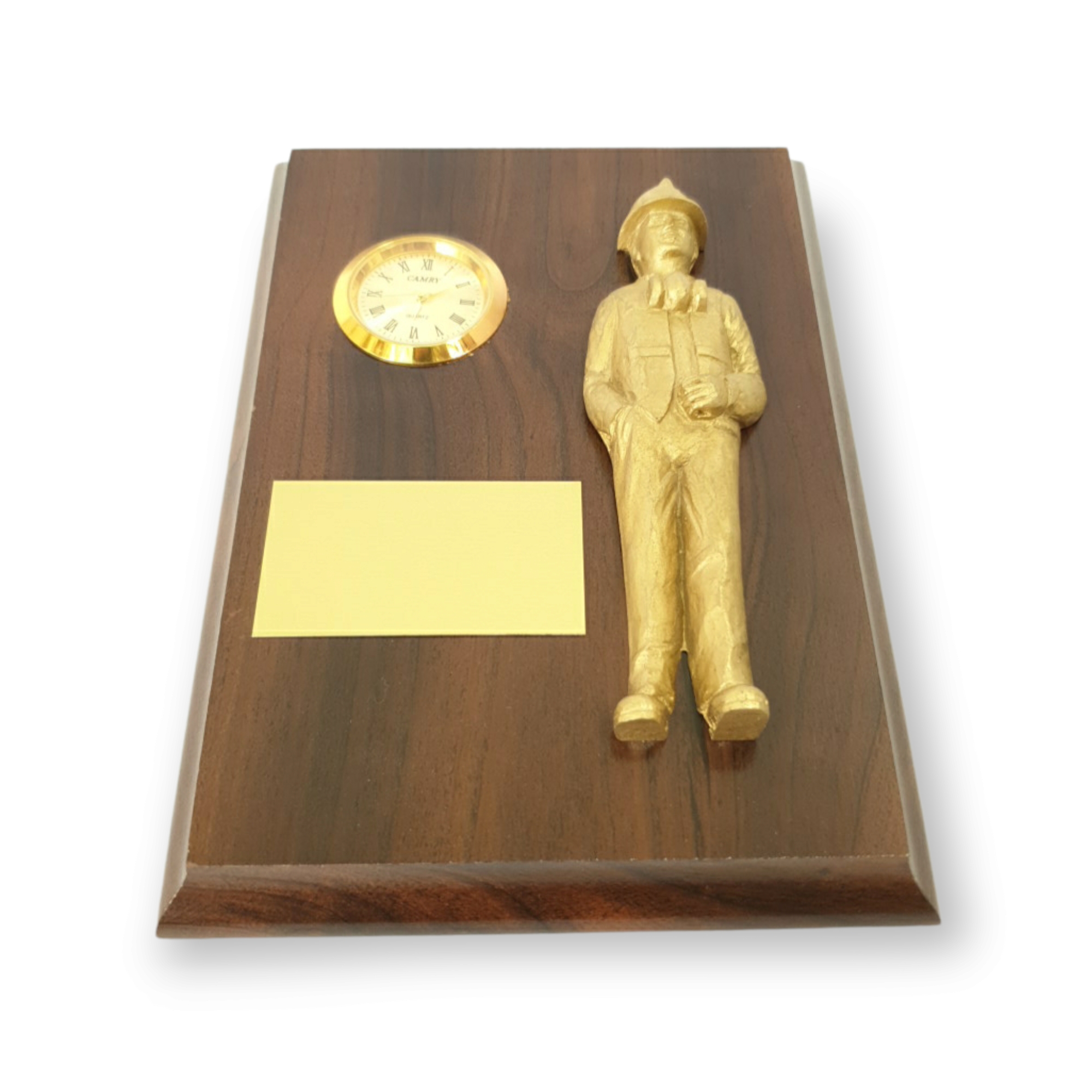 Galvano, Reloj, Figura Minero, Dorado O Cobre, Placa Grabada
