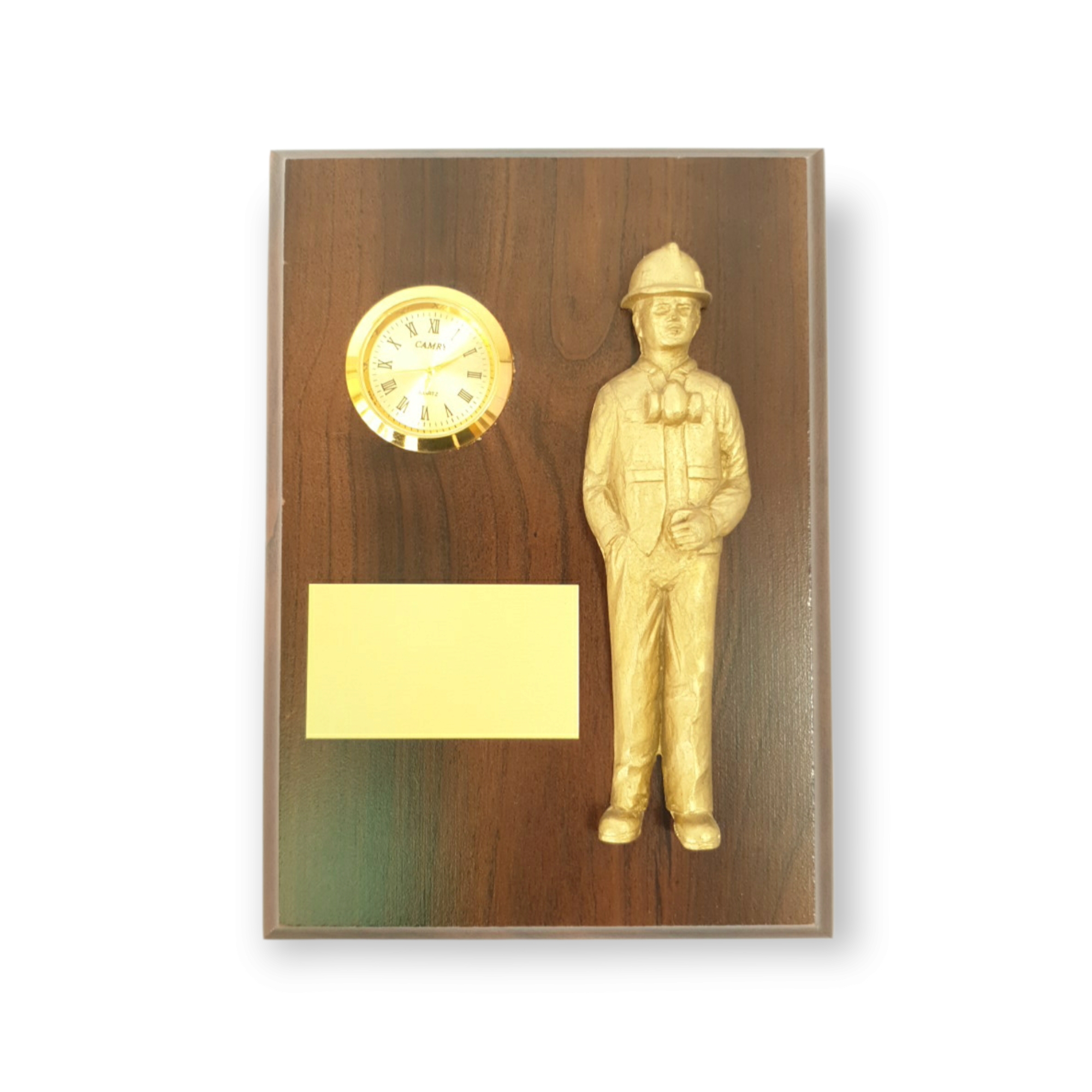 Galvano, Reloj, Figura Minero, Dorado O Cobre, Placa Grabada