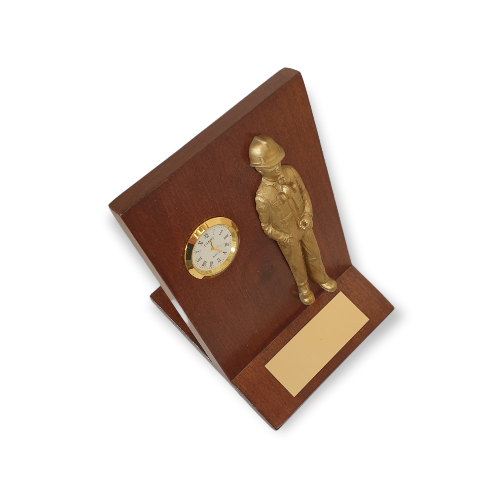 Galvano De Escritorio, Reloj, Figura Minero Dorado, Placa Grabada