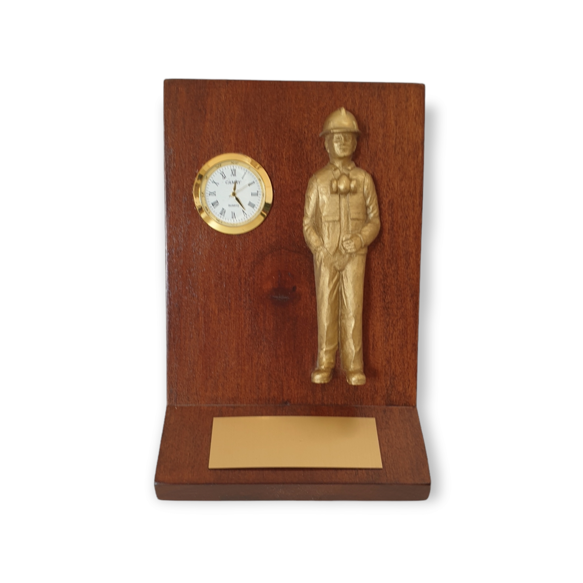 Galvano De Escritorio, Reloj, Figura Minero Dorado, Placa Grabada