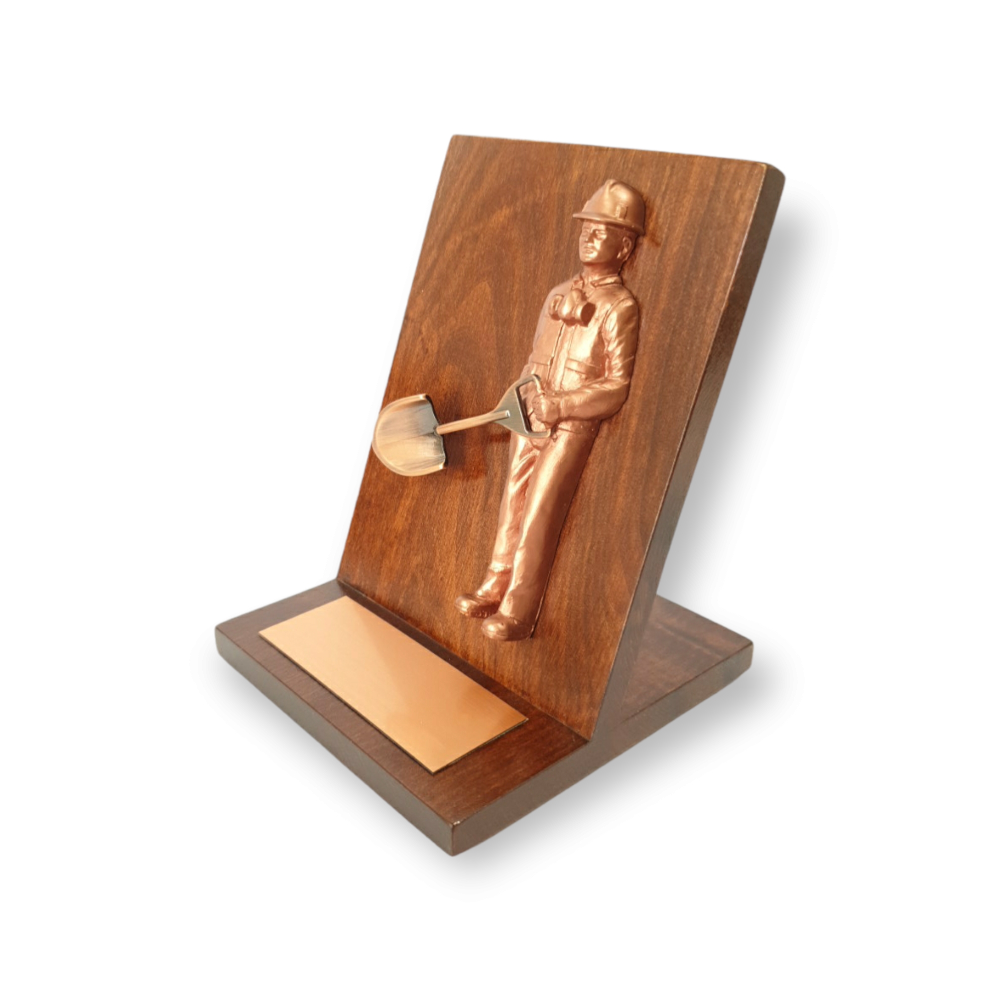 Galvano Escritorio, Minero Con Pala Cobrizado, Placa Grabada