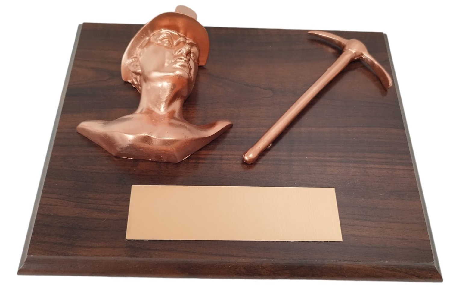 Galvano Rostro Minero De Resina Color Cobre Con Picota Metálica, Placa Grabada