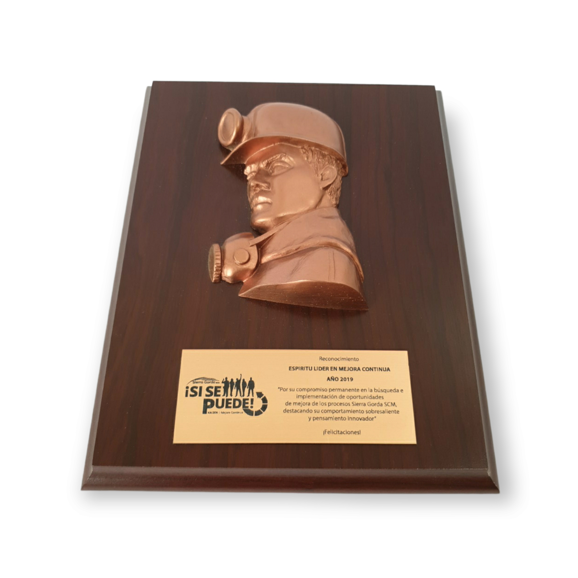 Galvano Rostro Minero En Resina Color Cobre Con Placa Grabada