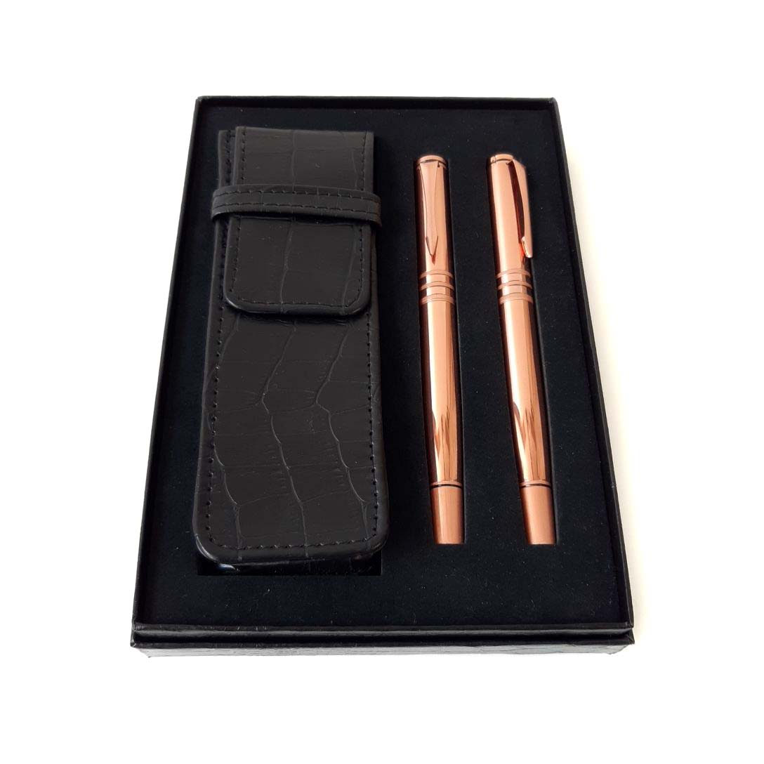 Set Bolígrafo Y Lapicera Cobrizada Estuche Simil Cuero