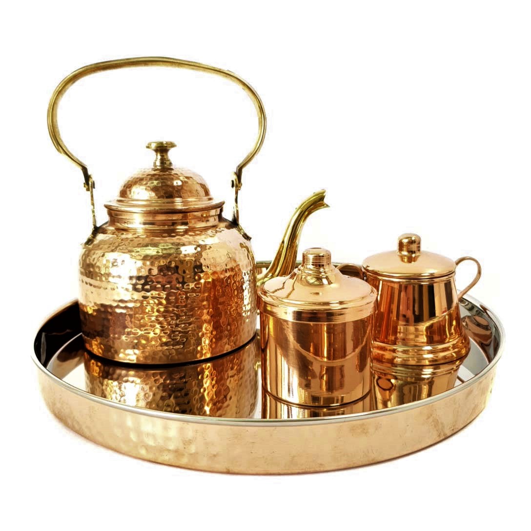 Set Tetera, Azucarero, Cafetero Y Bandeja De Cobre Redonda