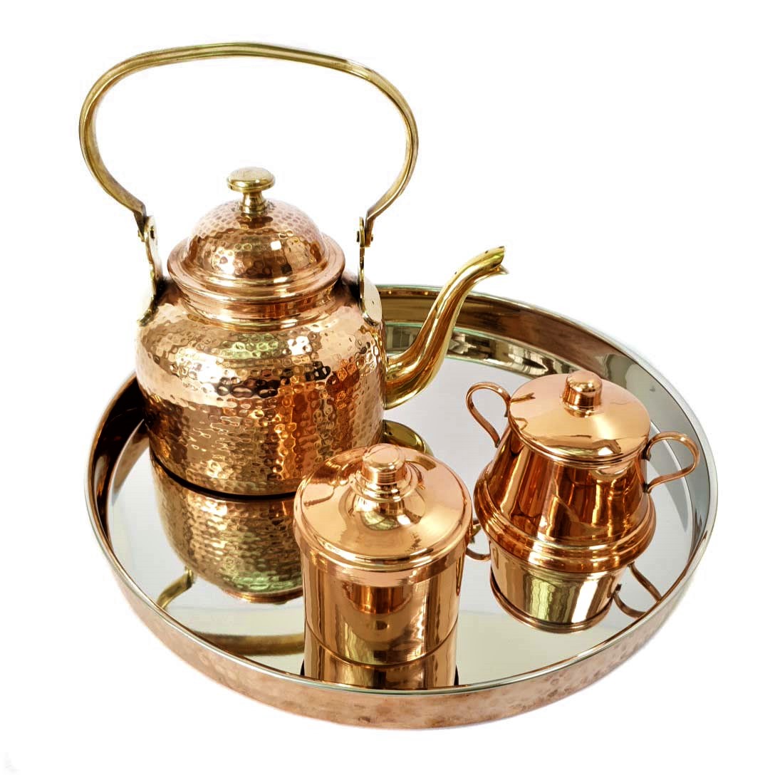 Set Tetera, Azucarero, Cafetero Y Bandeja De Cobre Redonda