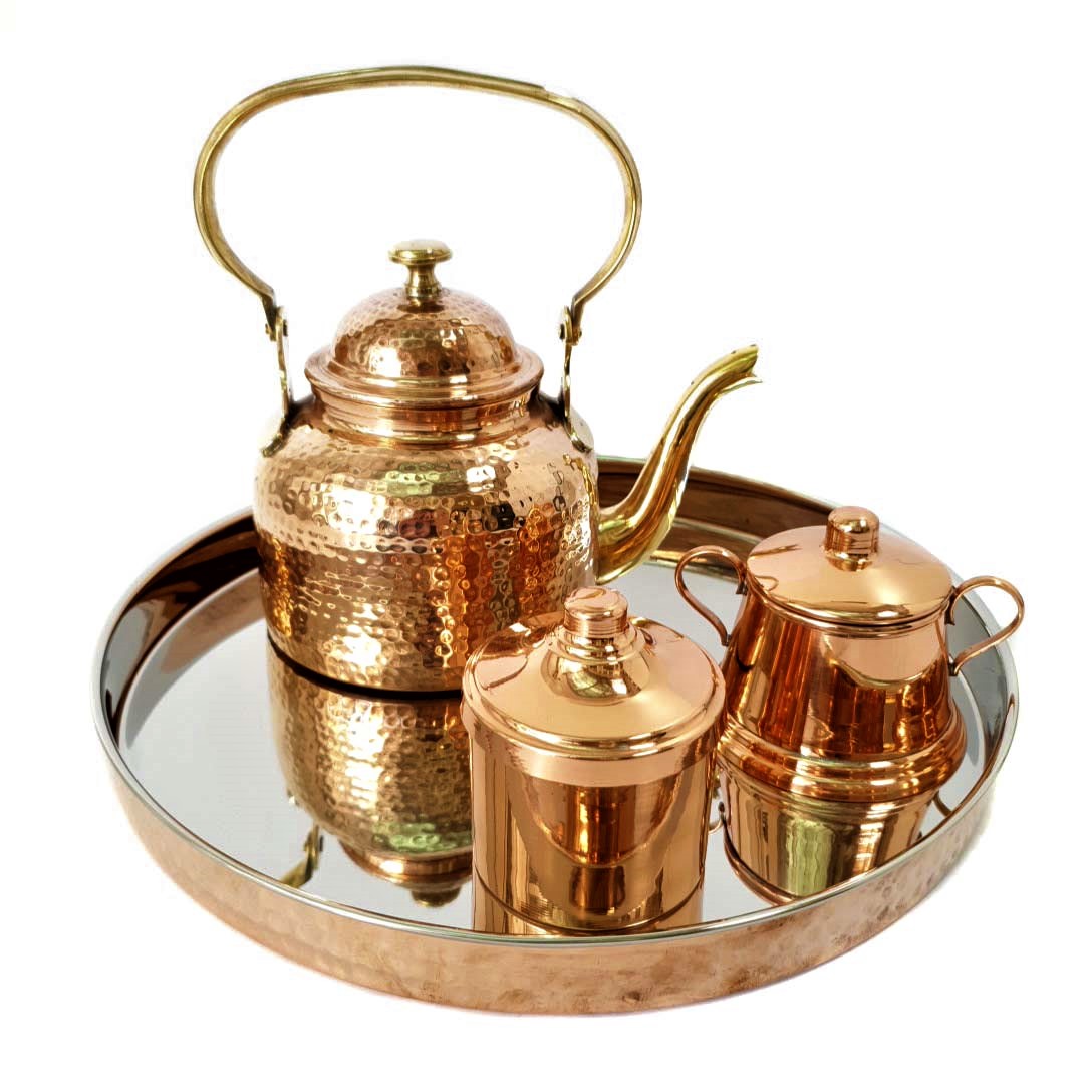 Set Tetera, Azucarero, Cafetero Y Bandeja De Cobre Redonda